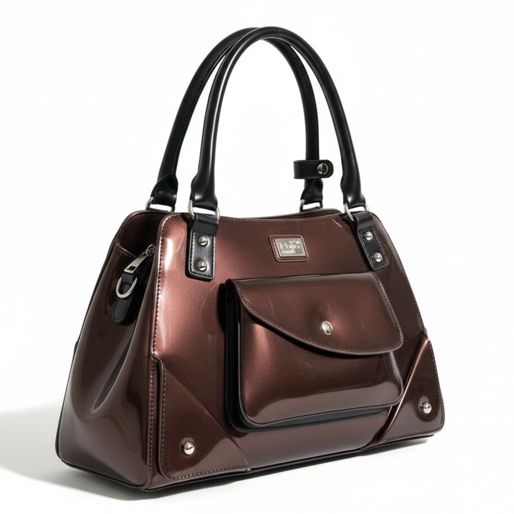Beijo Vegan Patent Leather Satchel Shoulder Bag Dark Chocolate Brown